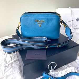 Prada Vitello Daino Blue Double Zip Camera Bag